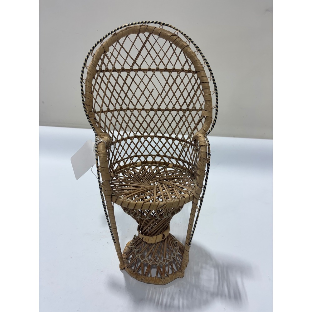 Vintage Miniature Wicker Peacock Chair Boho Rattan Doll Plant Stand 17 Inch
